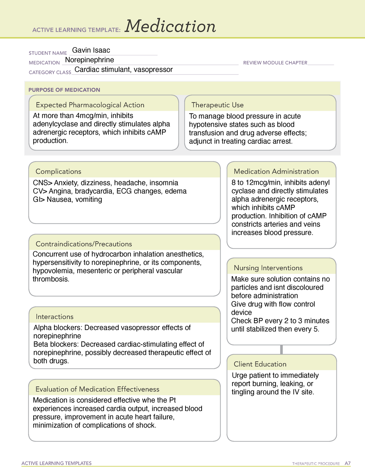 Medication Norepinephrine ACTIVE LEARNING TEMPLATES THERAPEUTIC