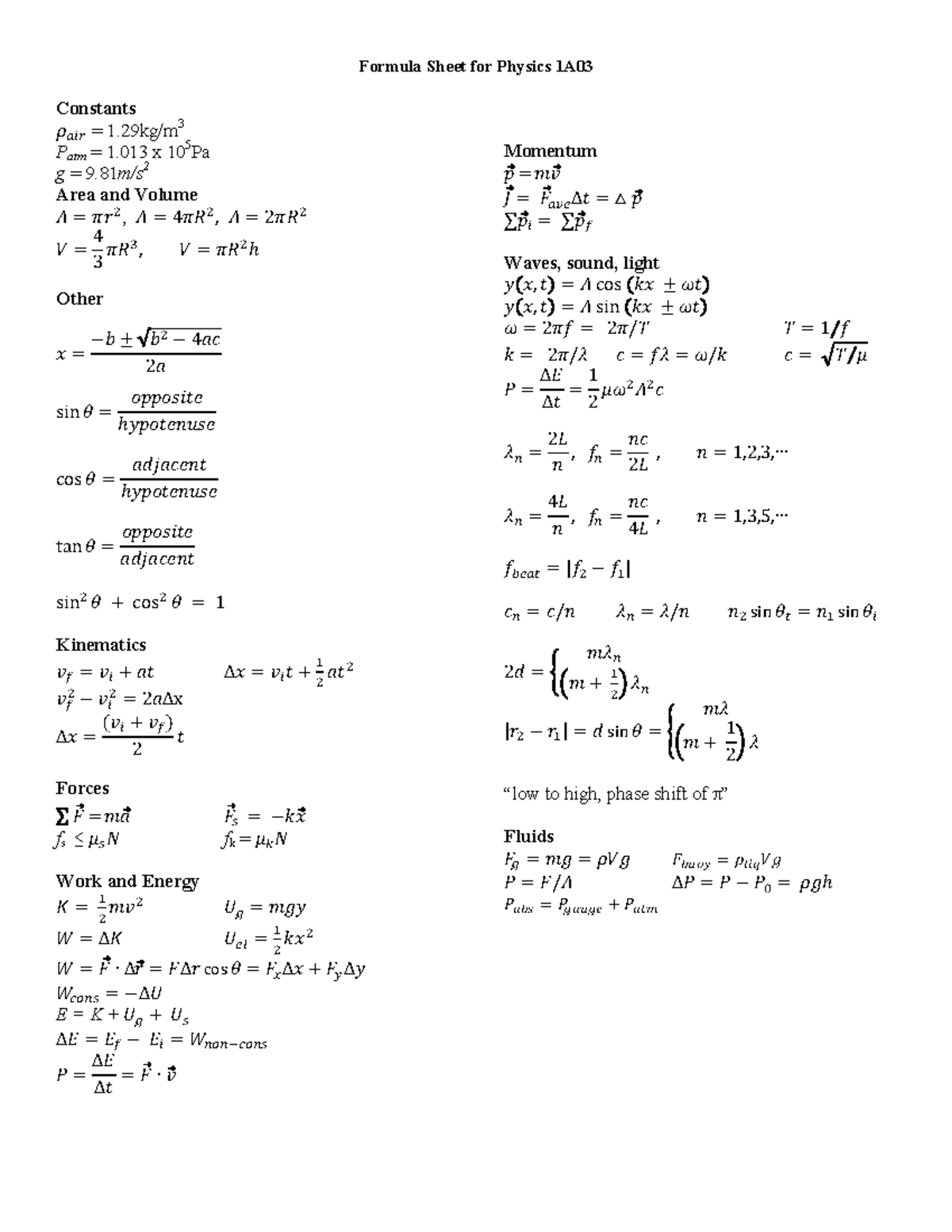 Microsoft Word - formula sheet - PHYSICS 1A03 - Formula Sheet for ...