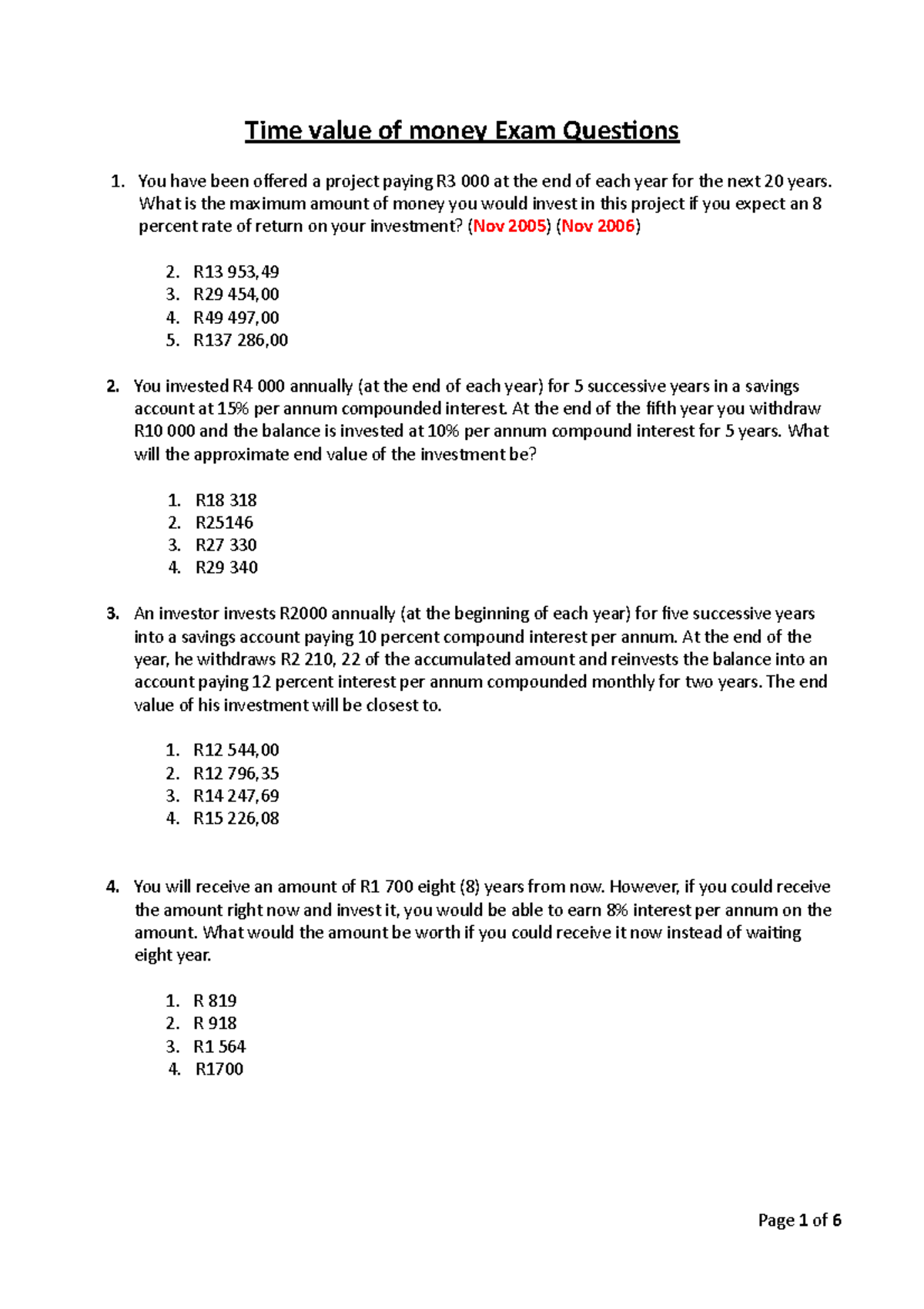 FIN2601-Time-value-of-money-Exam-Questions - Time value of money Exam 