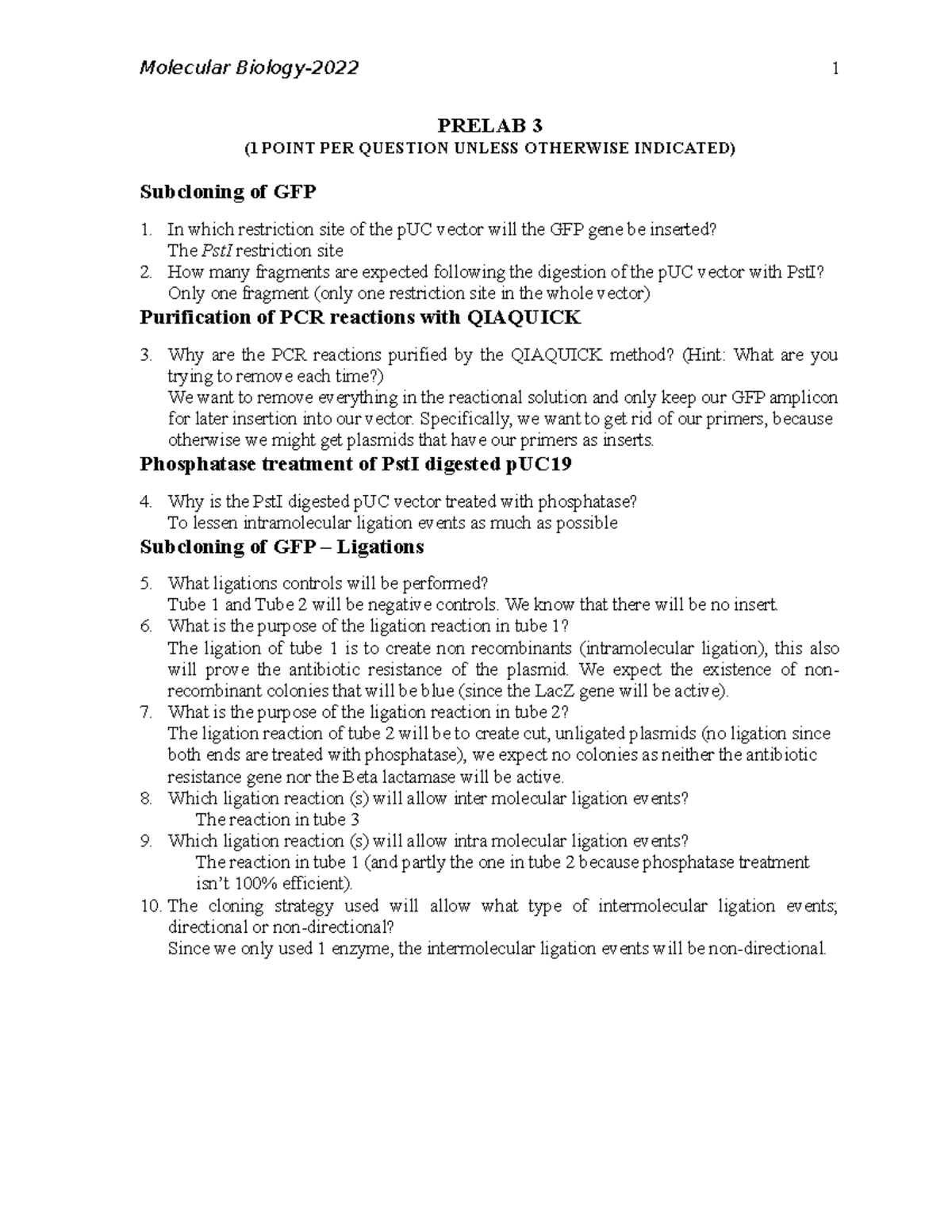 Prelab 3 Molecular Biology PRELAB 3 (1 POINT PER QUESTION UNLESS