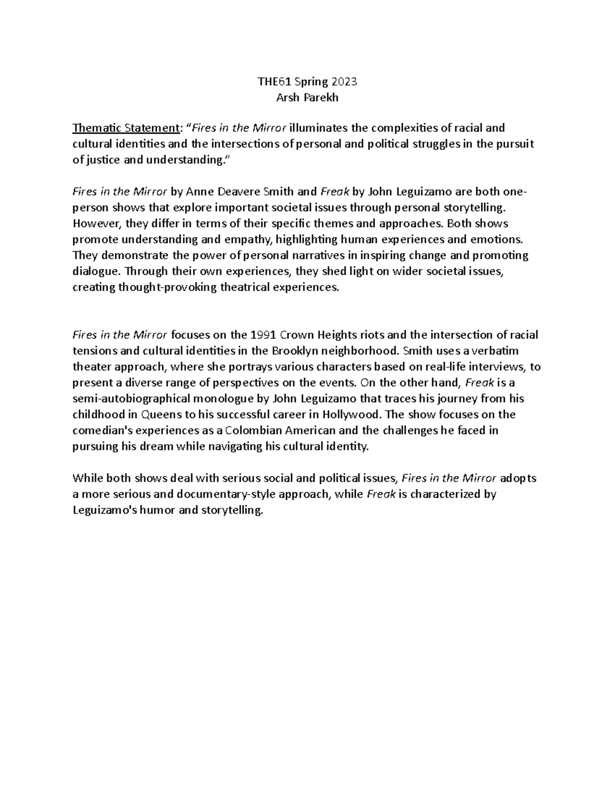 Fires in the mirror assignment THE61 Spring 2023 Arsh Parekh