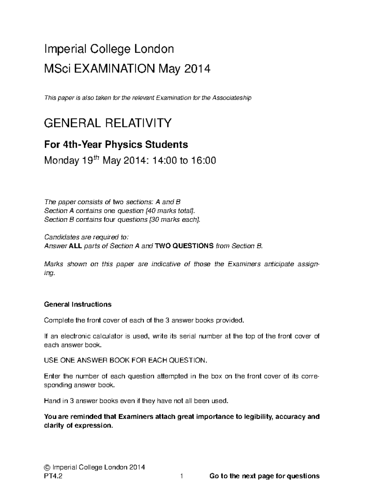 Exam May 2014, questions - Imperial College London MSci EXAMINATION May ...