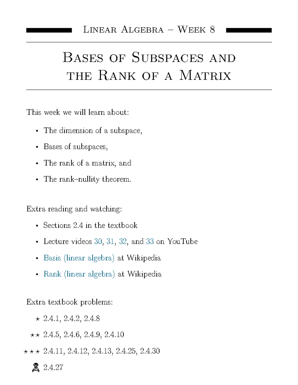 La Week8 - This Is A Summary For Bases And SubSpaces And The Rank Of A ...