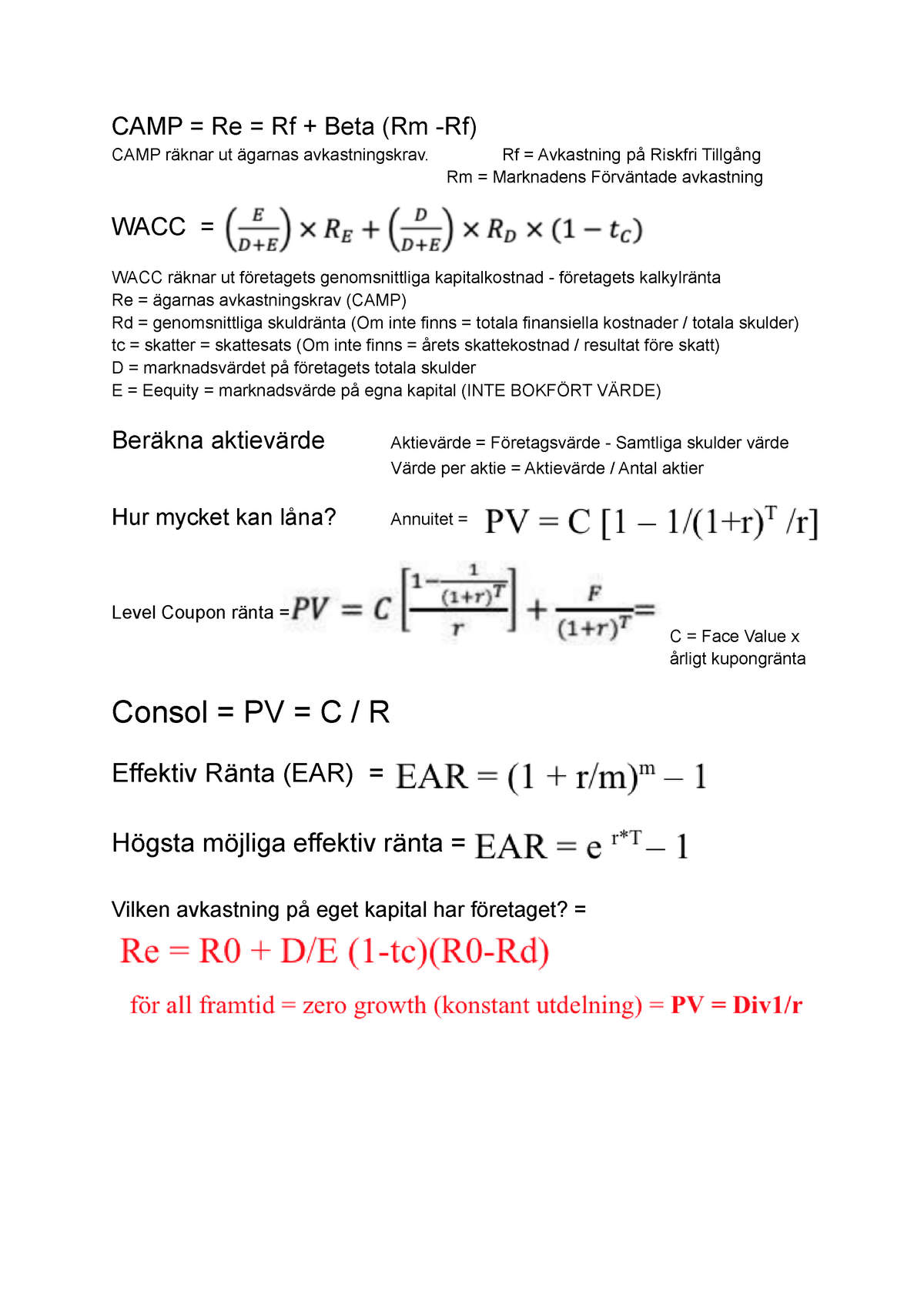 Plugg Inför Tentamen Investering Och Finansiering - CAMP = Re = Rf ...
