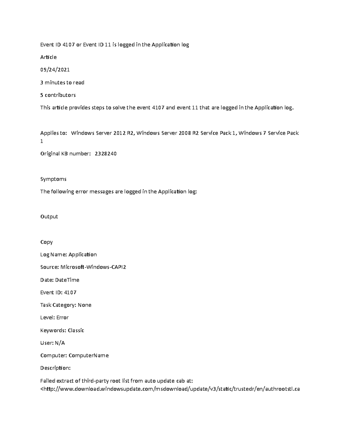 20 - ingles - Event ID 4107 or Event ID 11 is logged in the Application ...