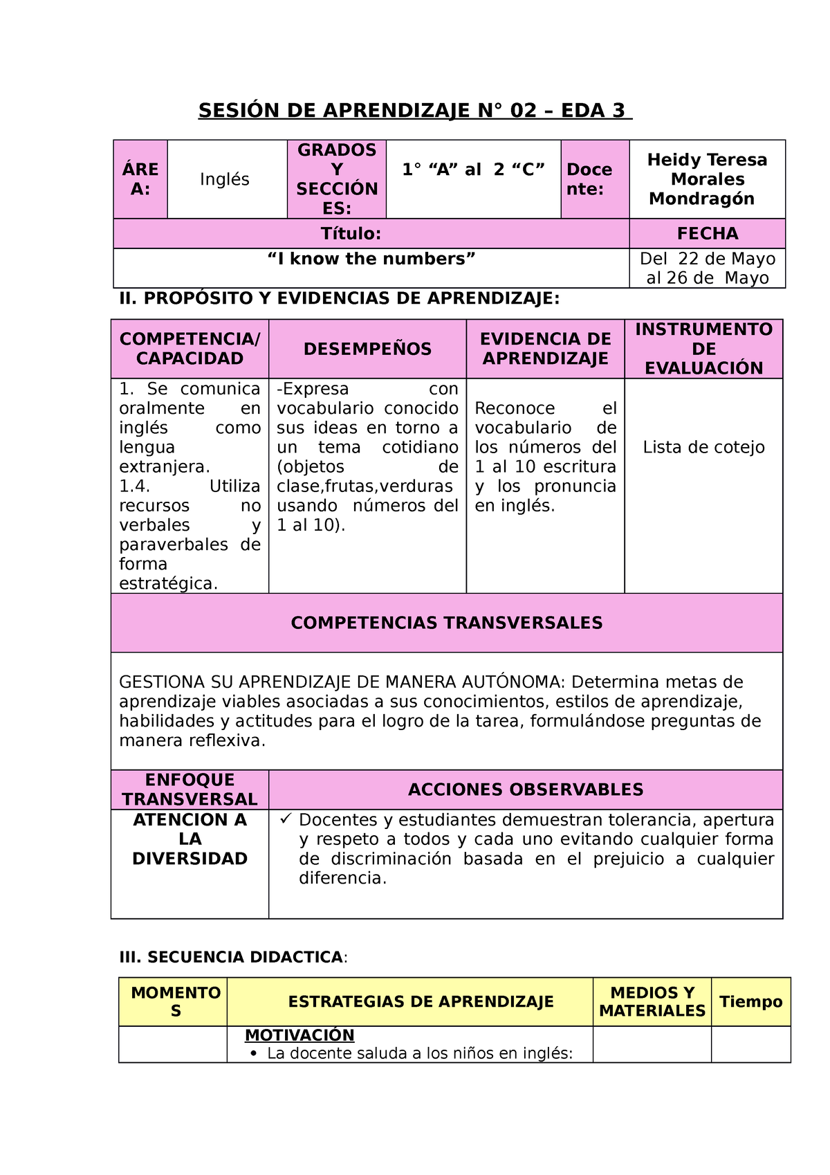 sesión de aprendizaje - ####### SESIÓN DE APRENDIZAJE N° 02 – EDA 3 ÁRE A:  Inglés GRADOS Y SECCIÓN - Studocu