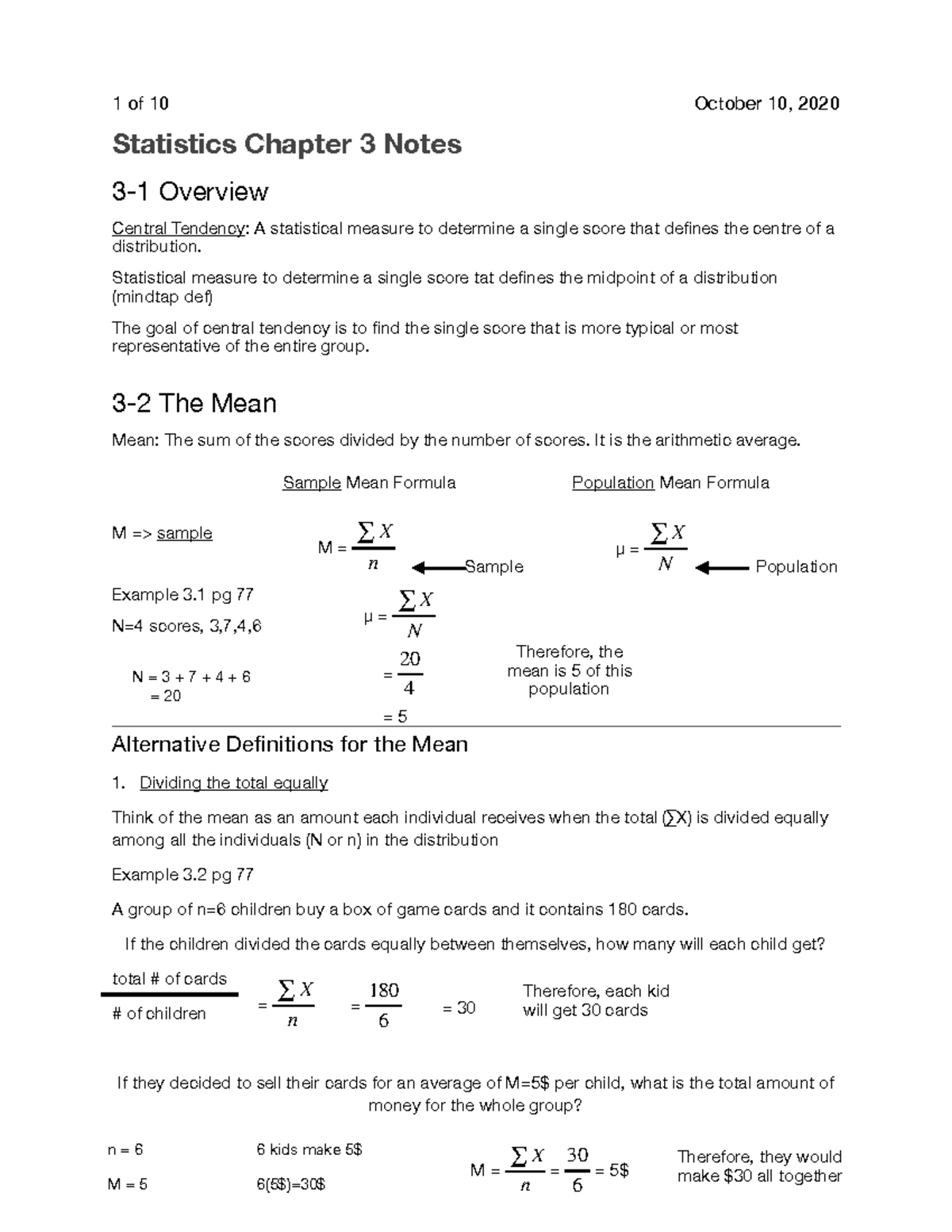 Stat Chapt 3 Textbook Note - Statistics Chapter 3 Notes 3-1 Overview ...