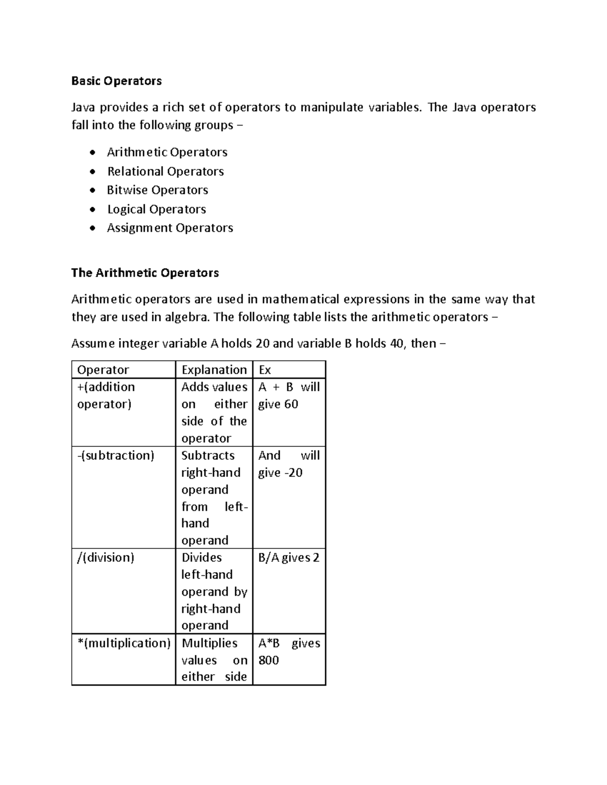 Basic operators - Basic Operators Java provides a rich set of operators ...