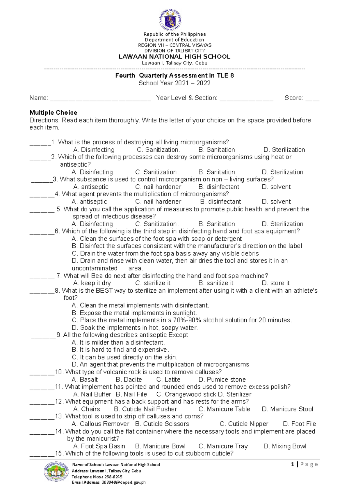 TQ Q4 TLE 8 - for educational purposes - Republic of the Philippines ...