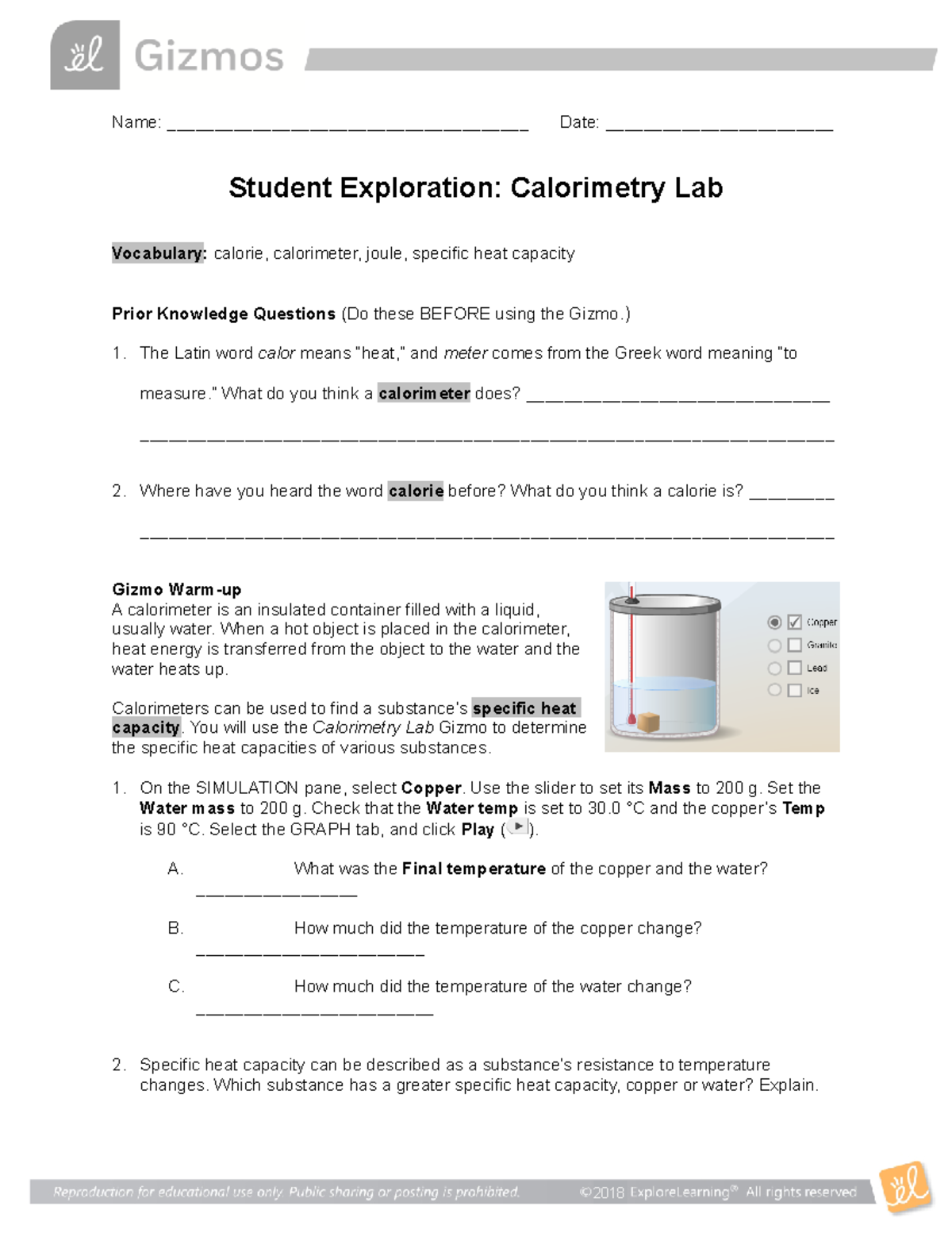 Gizmo Calorimetry Lab worksheet Name
