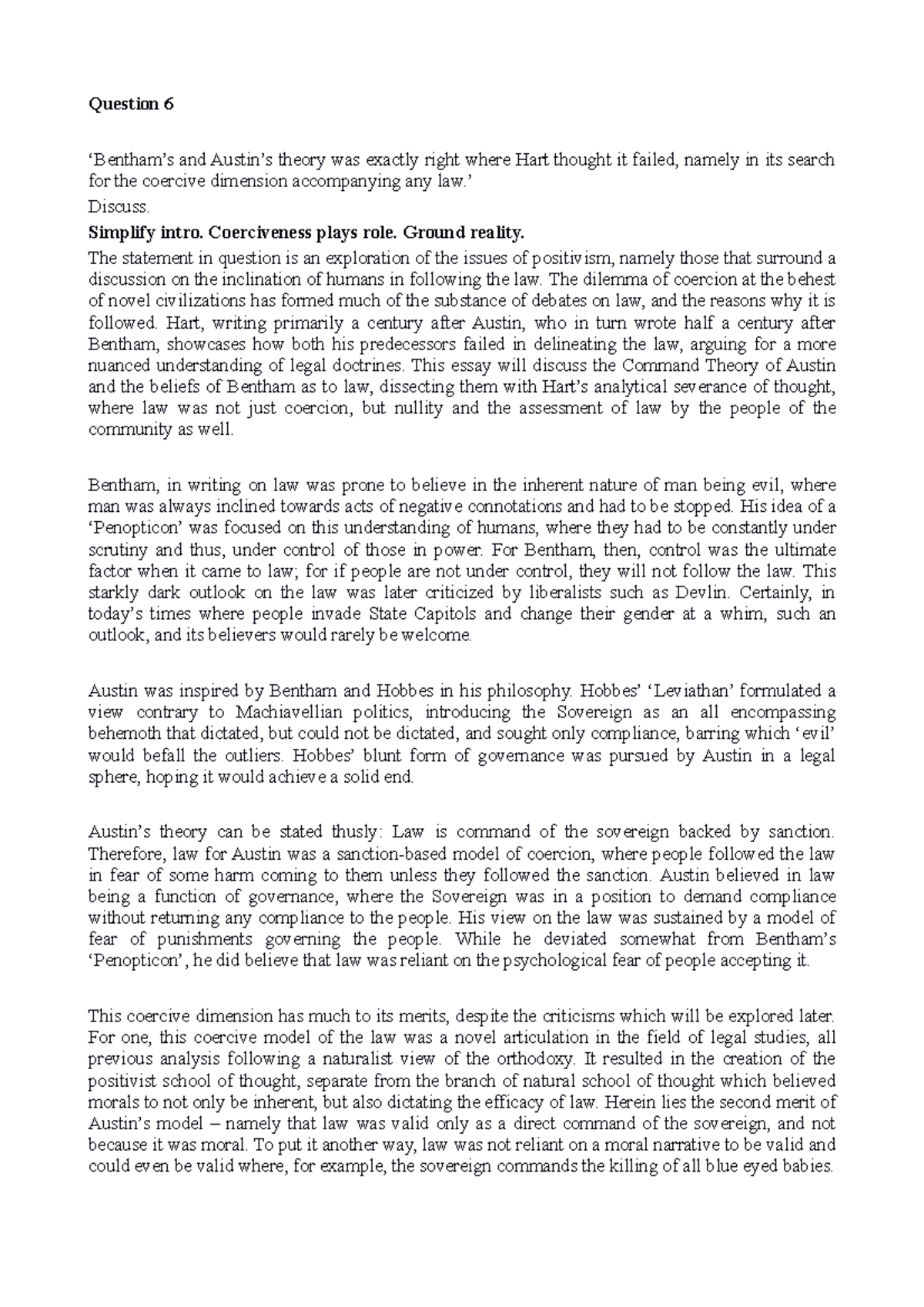 Juris Exam Question 6 ‘Bentham’s and Austin’s theory was exactly