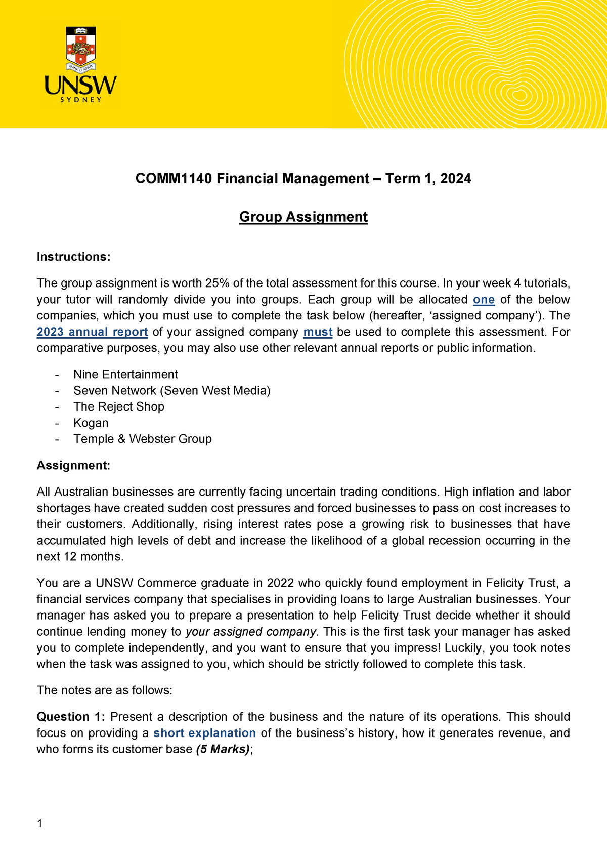 COMM1140 Assignment - COMM1140 Financial Management – Term 1, 2024 ...