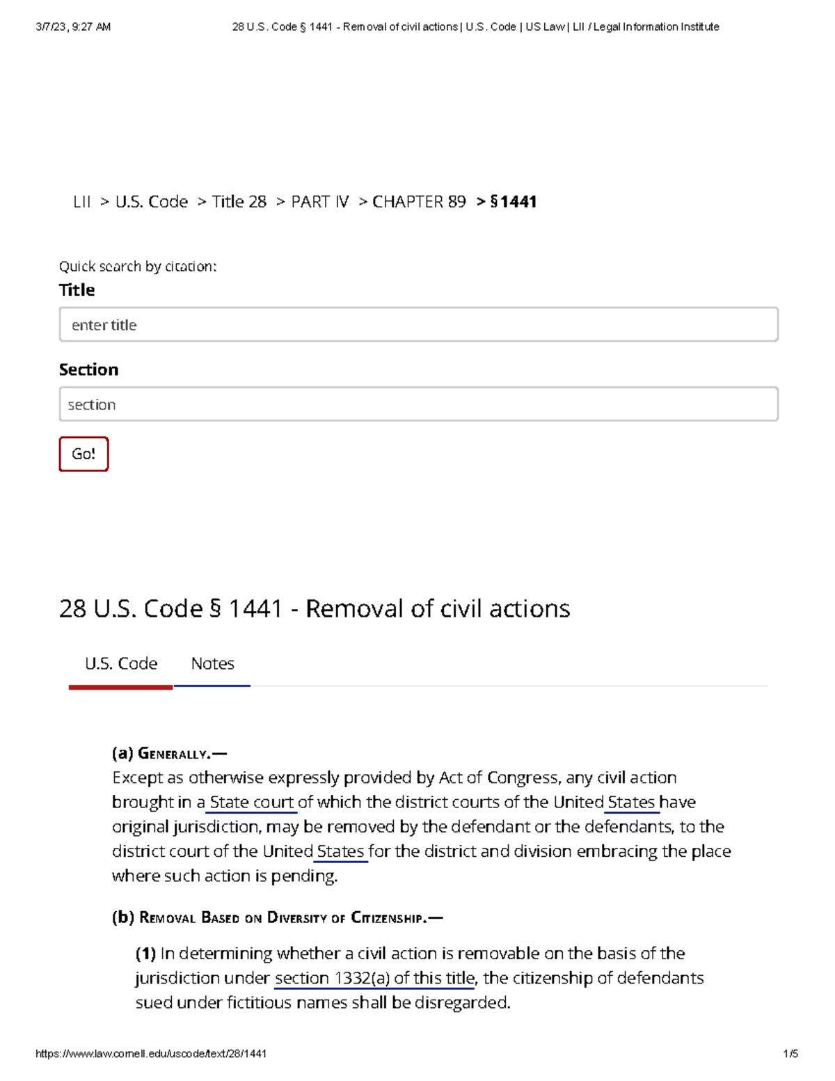 1441 - statute - LII > U. Code > Title 28 > PART IV > CHAPTER 89 ...