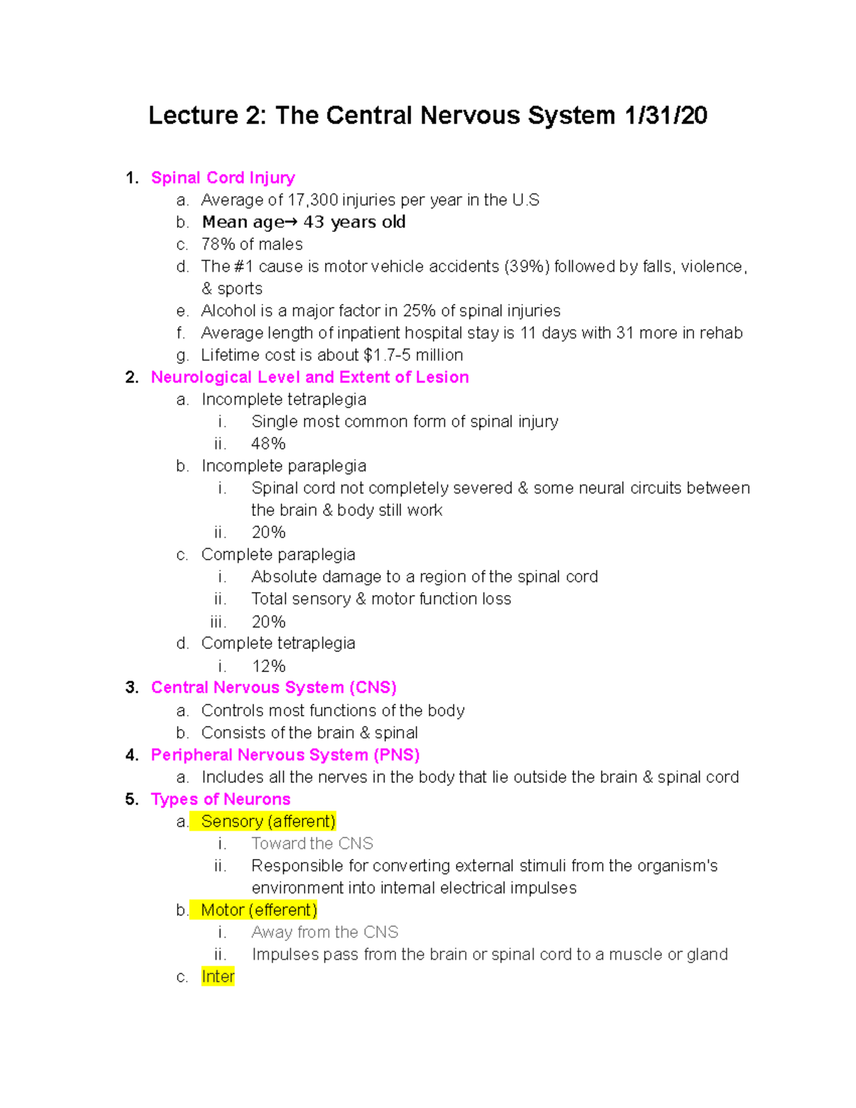 KNH 184 notes-4 - chapter notes - Lecture 2: The Central Nervous System ...