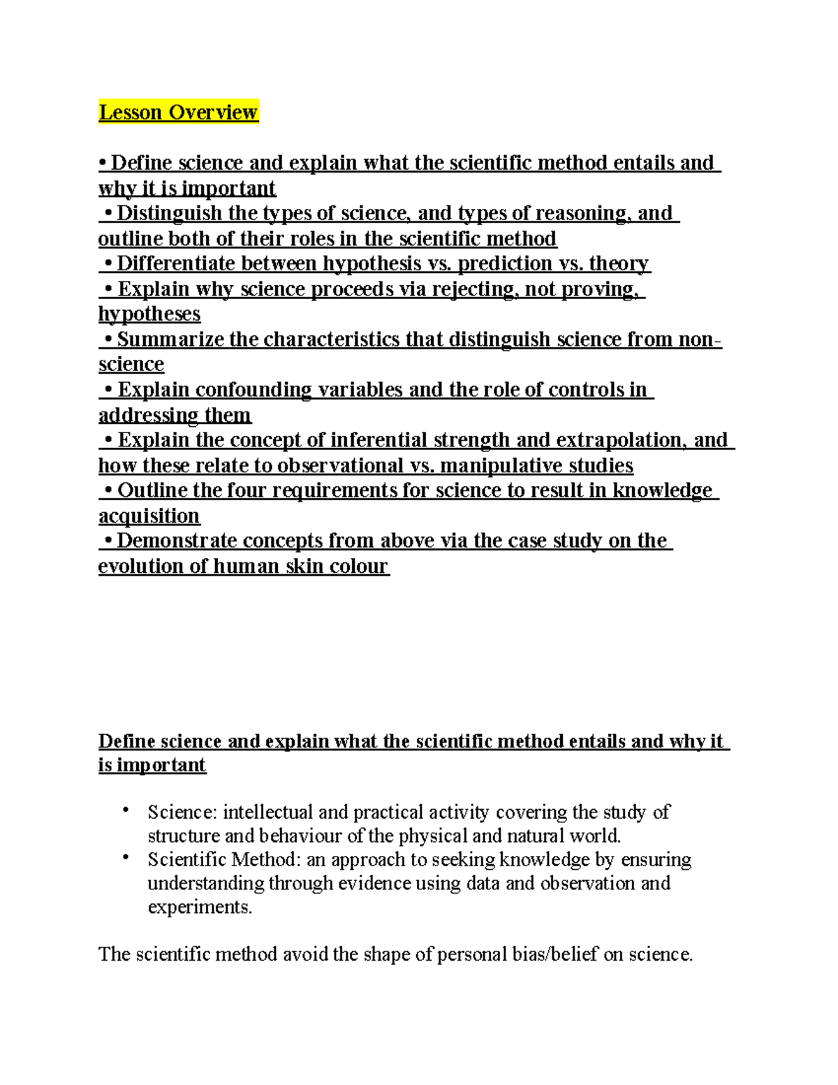 Lesson Overview Simplified Lec Notes for Dr. Rundal Lesson Overview • Define science and