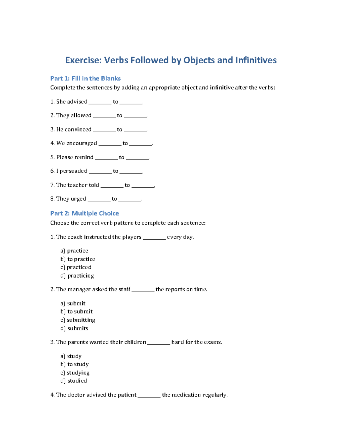 Session 19 - Grammar exercise - Exercise: Verbs Followed by Objects and ...