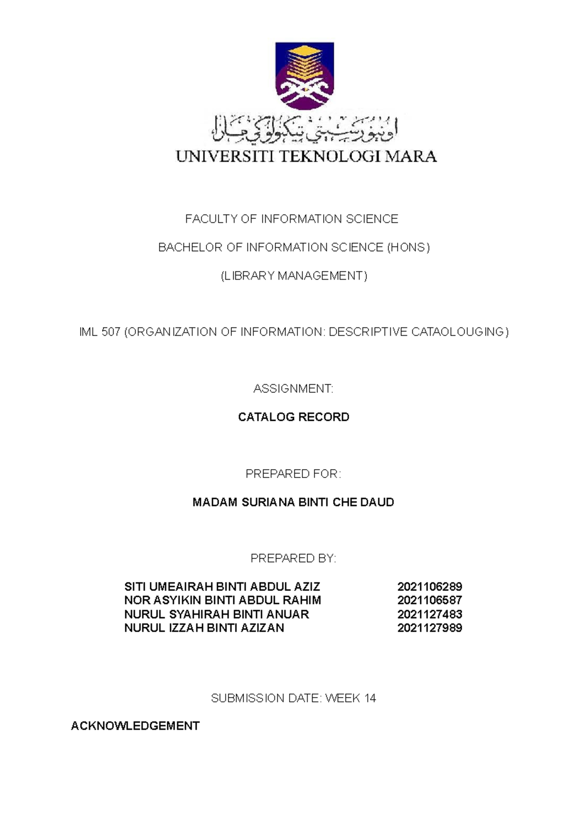 Catalog Record Assignment - FACULTY OF INFORMATION SCIENCE BACHELOR OF ...