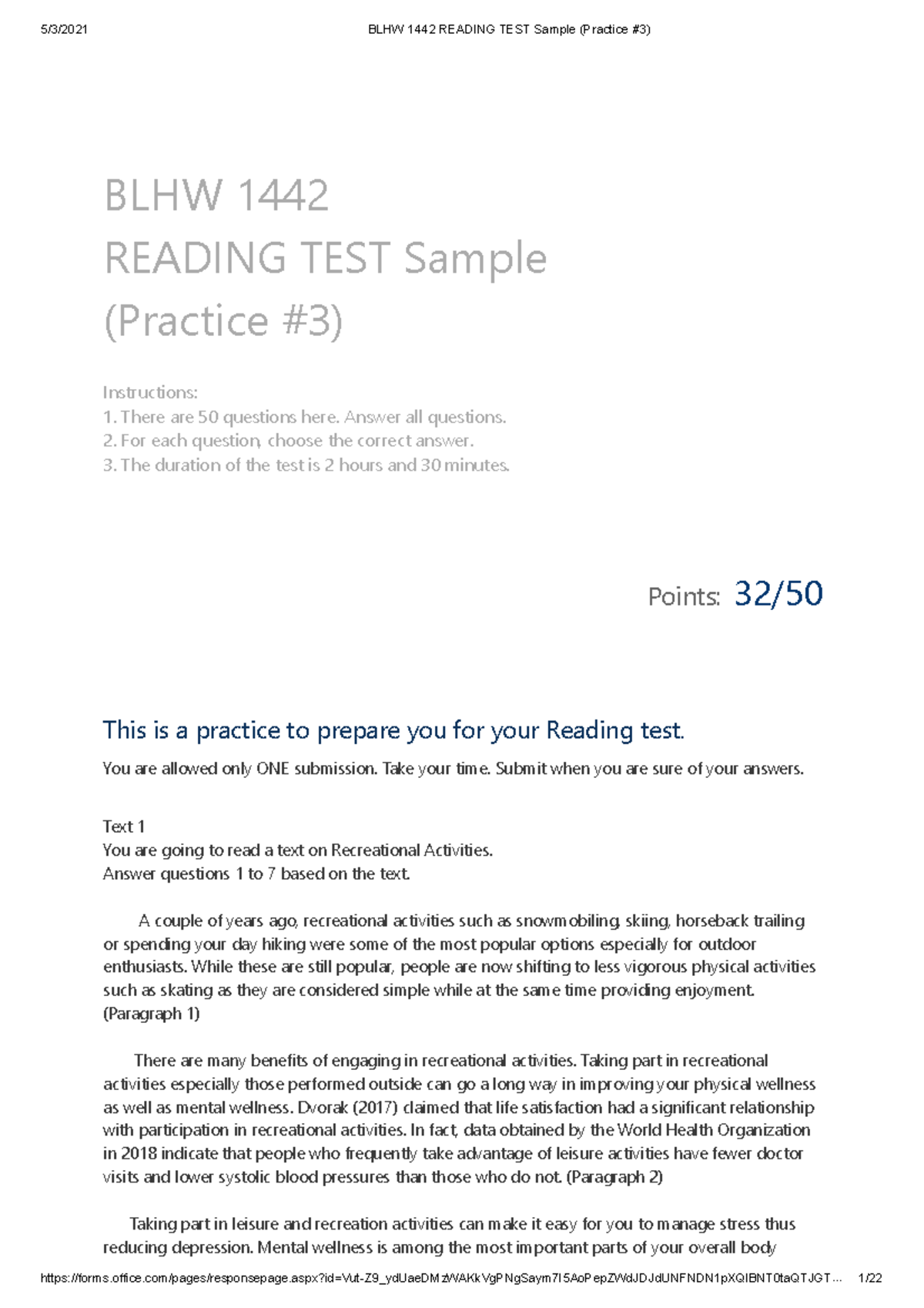 BLHW 1442 Reading TEST Sample (Practice #3) - - Studocu