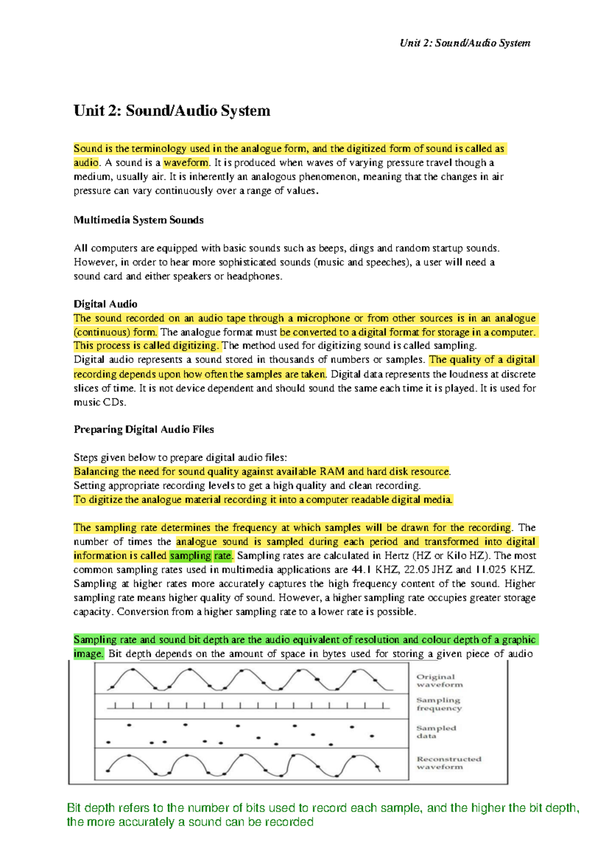 Multimedia-Unit 2 note - Unit 2: Sound/Audio System Sound is the ...