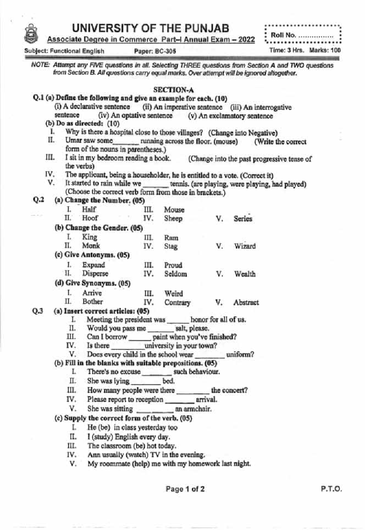 BC 305 PI Past Papers - preparation - Subject: Functional English NOTE ...