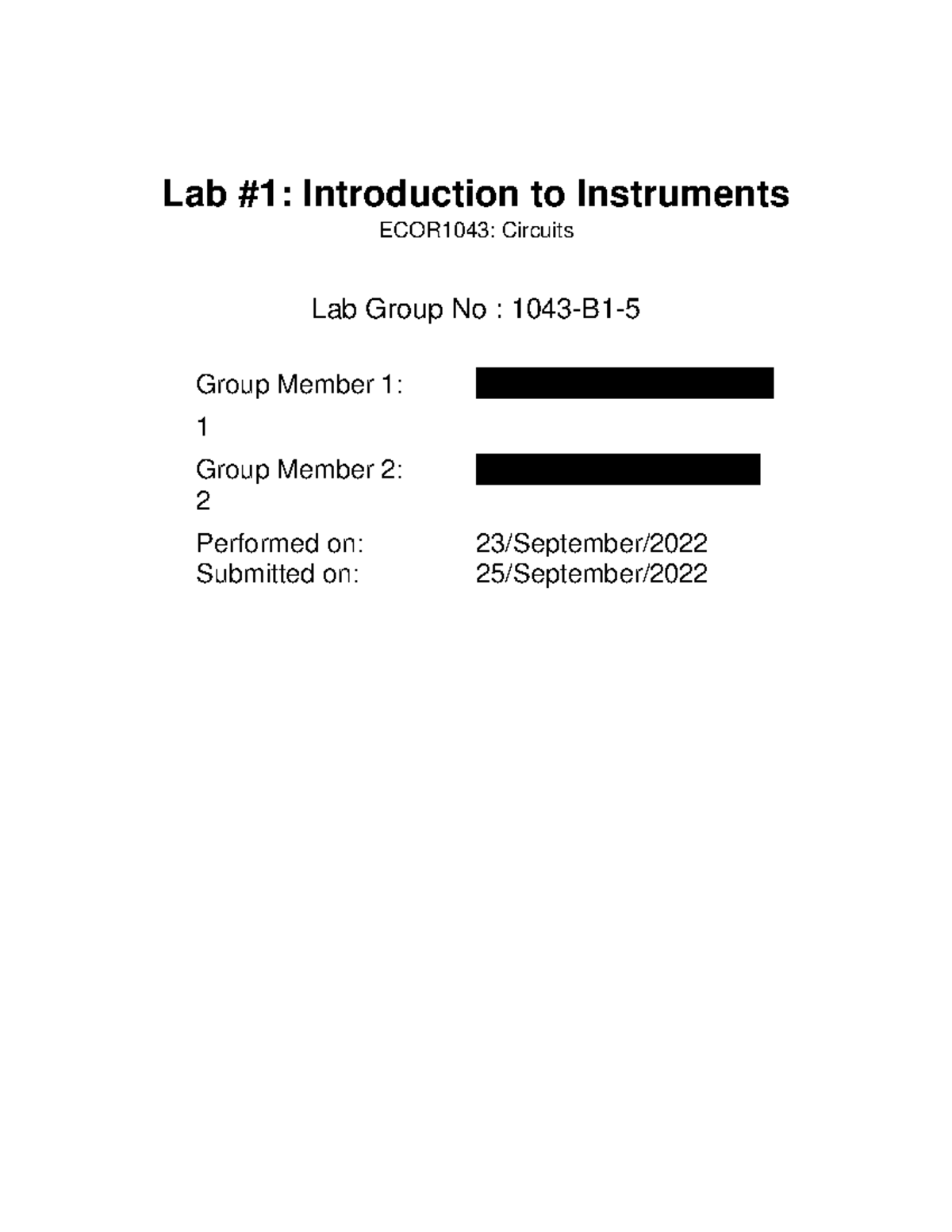 ECOR 1043 Lab Report # 1 - Lab #1: Introduction to Instruments ECOR1043 ...