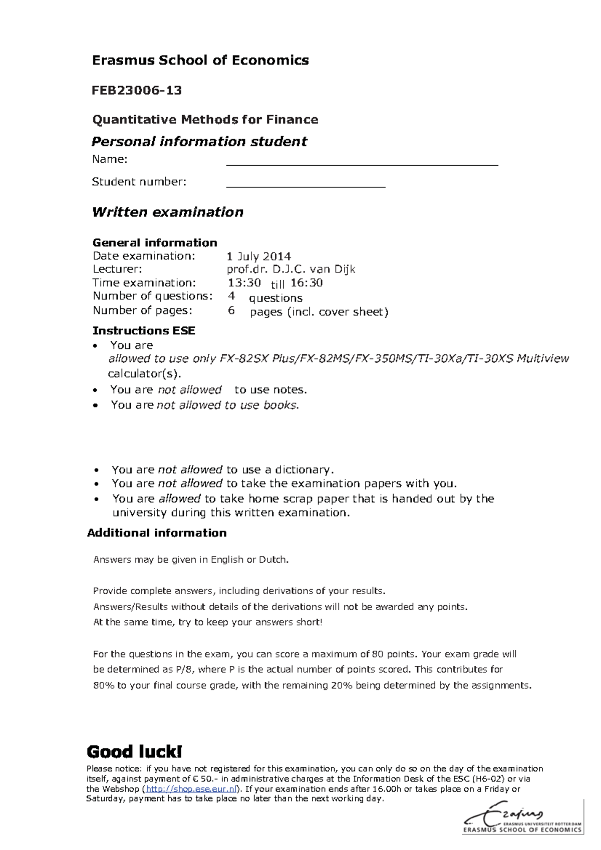 Exam 14 Quantitative Methods For Finance Questions Studeersnel