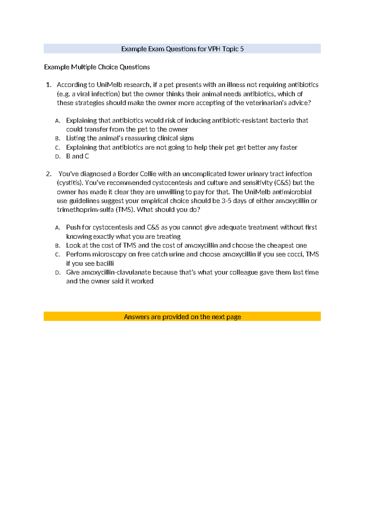 Example Exam Questions for AMS workshop - Example Exam Questions for ...