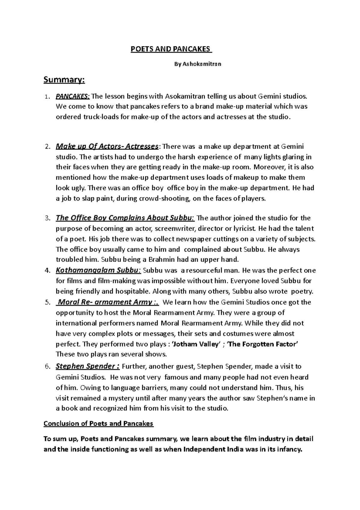 Poets AND Pancakes summary POETS AND PANCAKES By Ashokamitran Summary