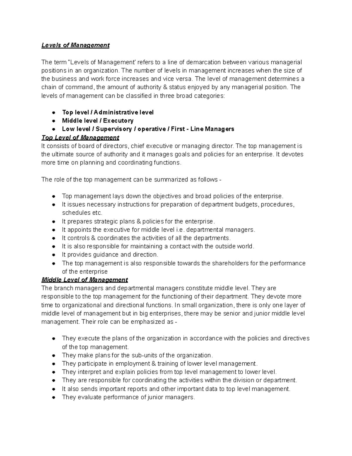 Levels of Management lecture notes - Levels of Management The term ...