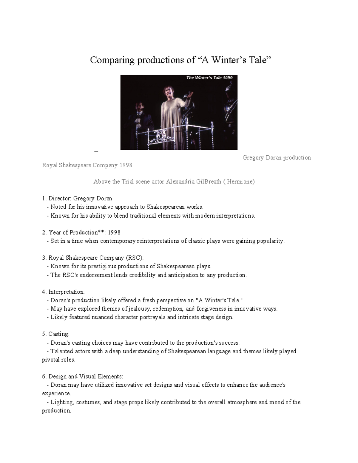 Dramatic Masters Class 11 Comparing Productions Of A Winter S Tale