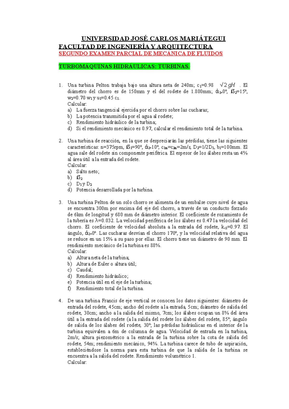 Segundo Examen Parcial DE Mecanica DE Fluidos - UNIVERSIDAD JOSÉ CARLOS ...