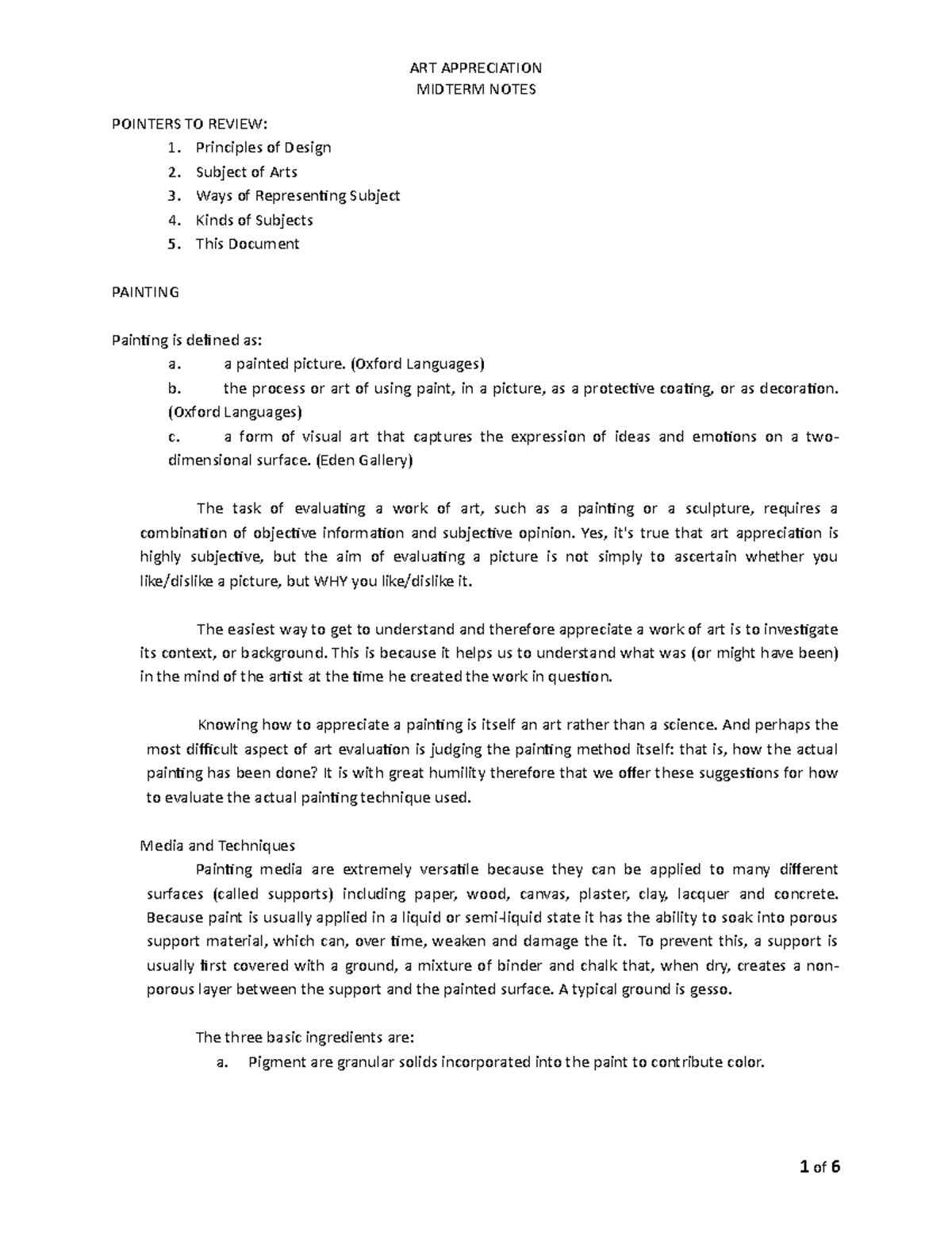 Midterm Notes ART APP MIDTERM NOTES POINTERS TO REVIEW Principles of Design Subject of Arts