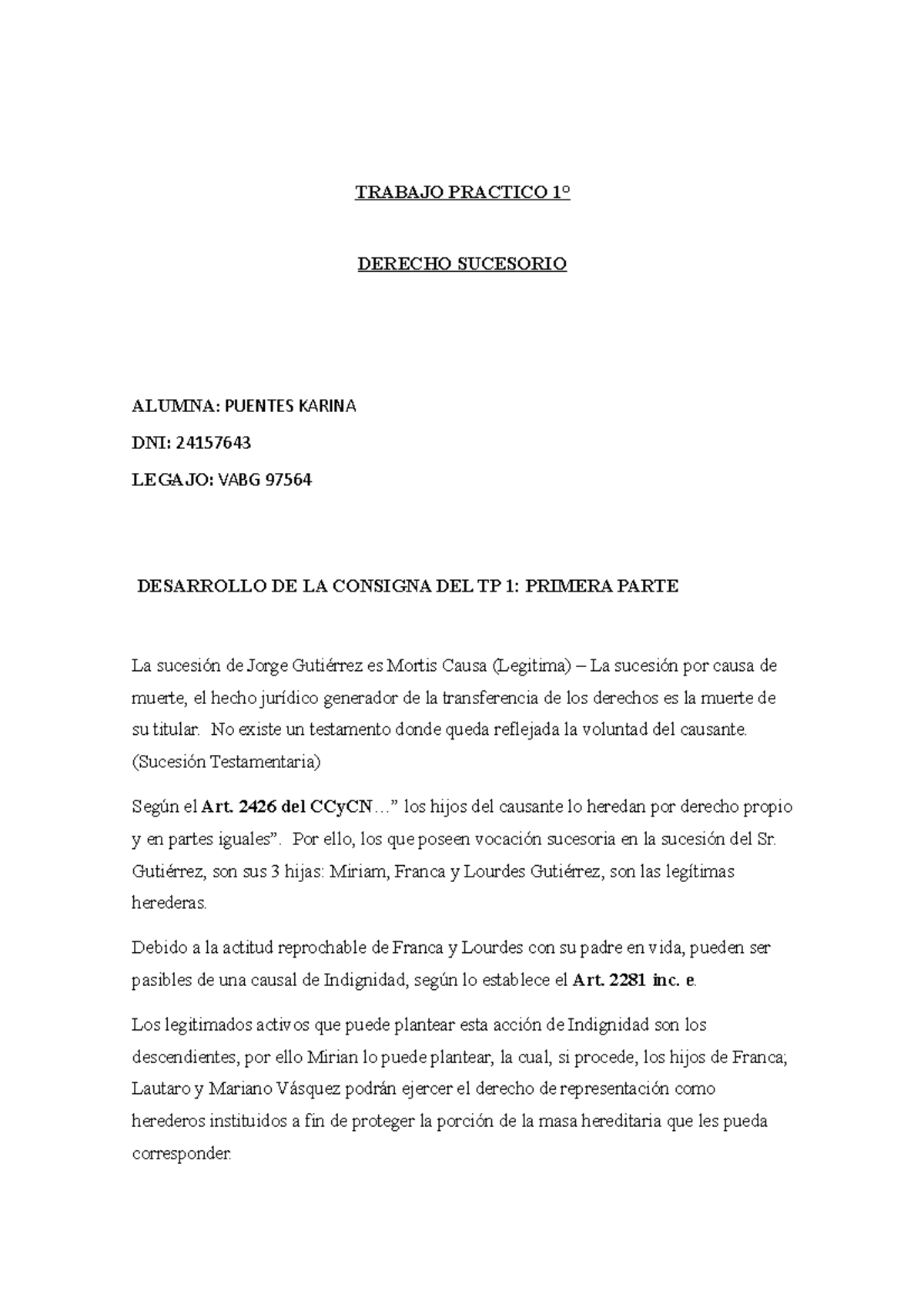 TP 1 Sucesiones 1ER Docum Entrega TRABAJO PRACTICO 1 DERECHO 