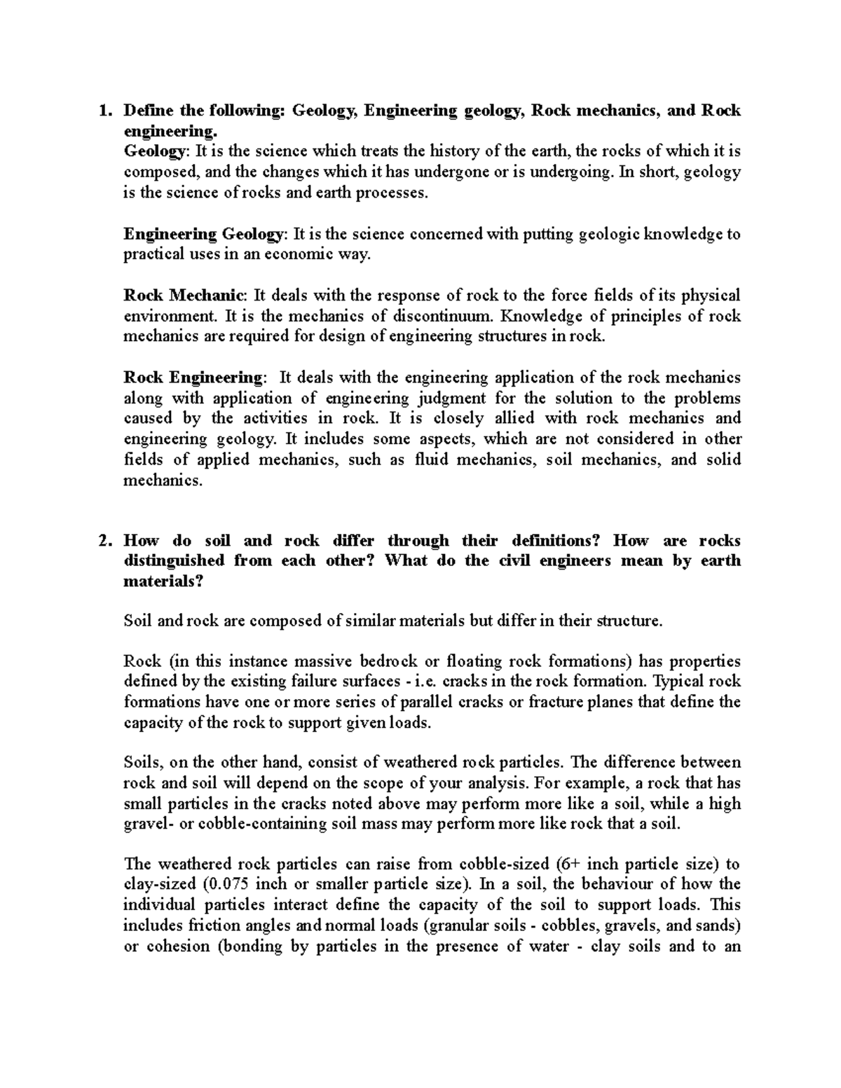 FinalGeology notes 1. Define the following Geology, Engineering
