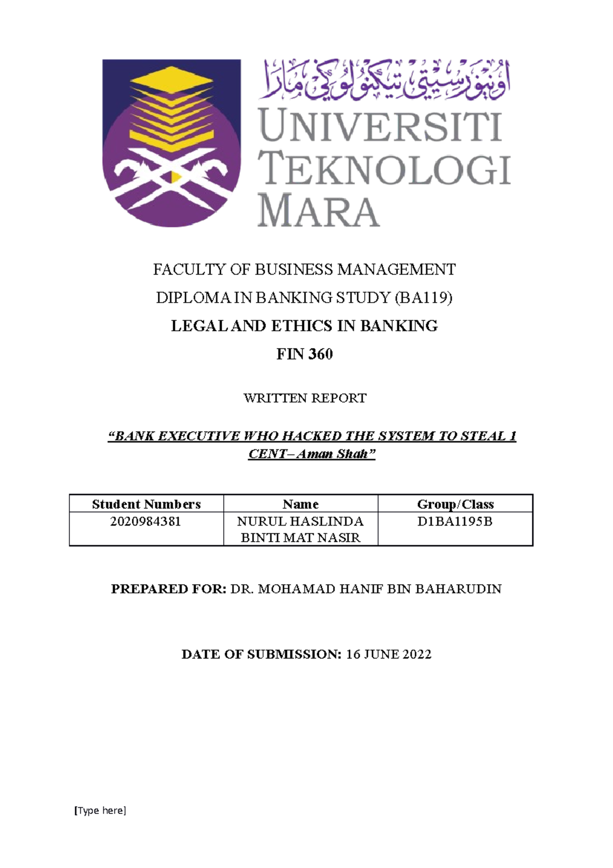 FIN360 Nurul Haslinda Binti MAT Nasir - FACULTY OF BUSINESS MANAGEMENT ...