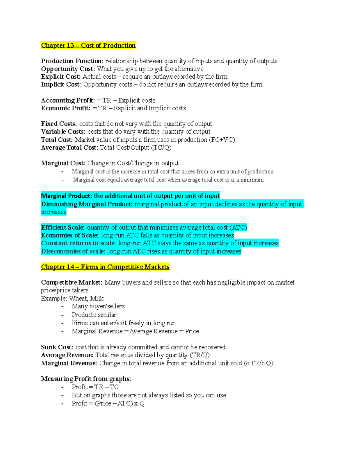Microeconomics Chapter Summary Notes - Chapter 13 – Cost of Production ...