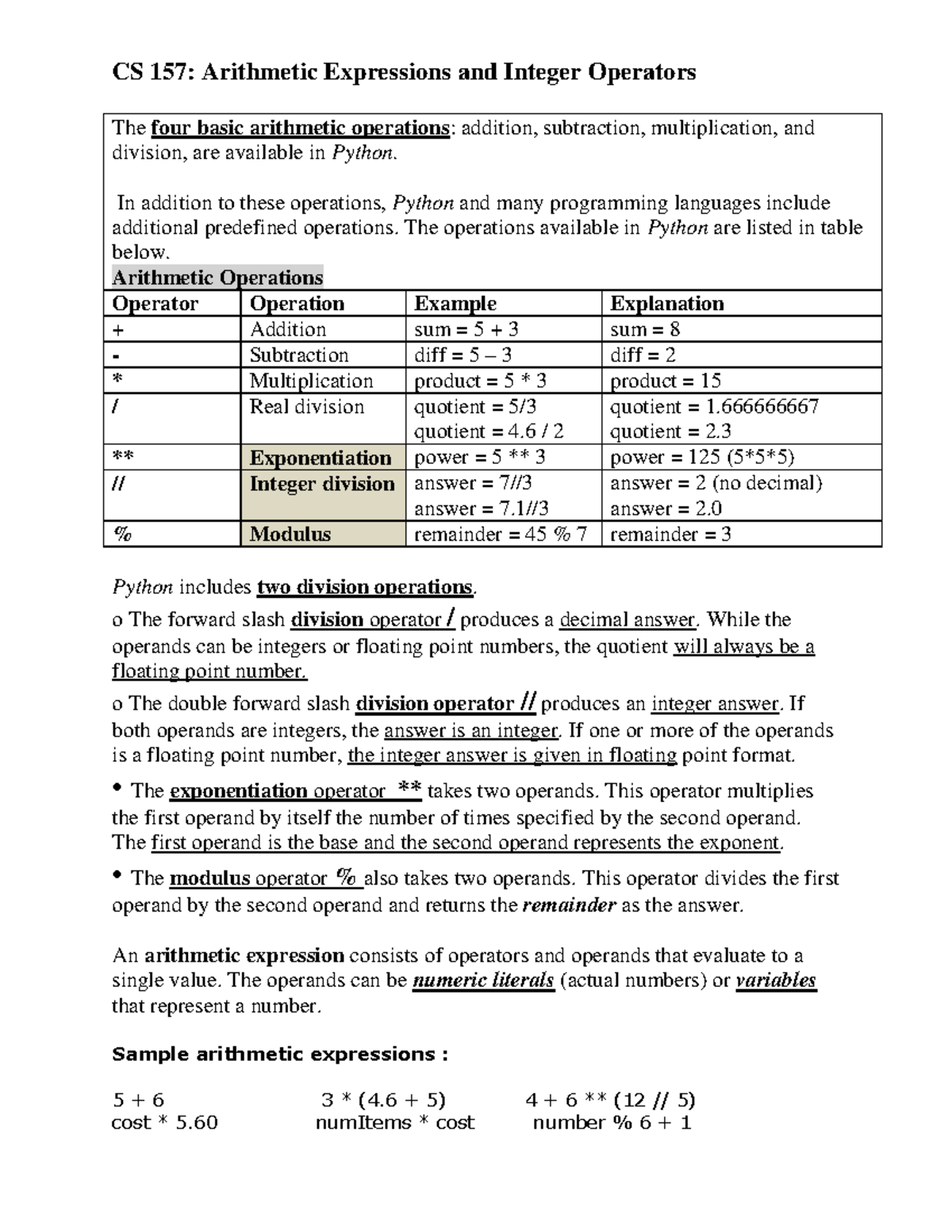 Arithmetic Expressions and Integer Operators(1) - In addition to these ...
