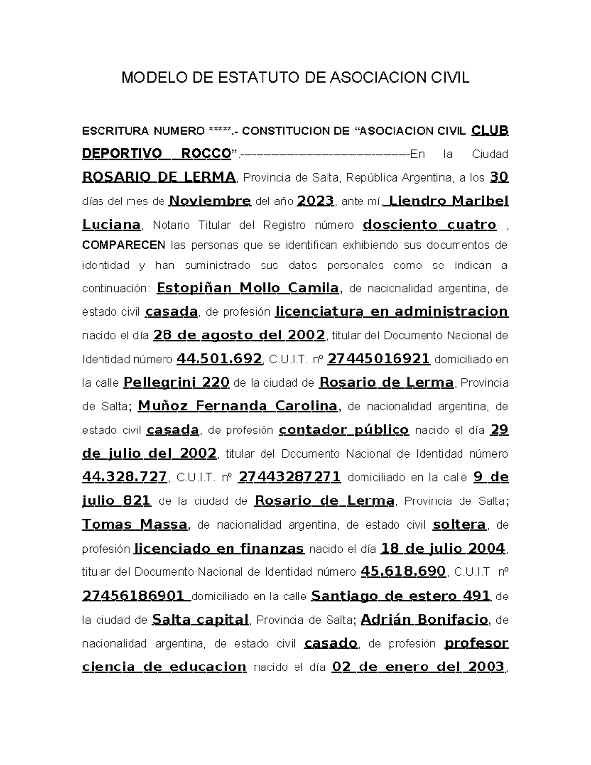 Modelo DE Estatuto DE Asociacion Civil- entregar - MODELO DE ESTATUTO ...