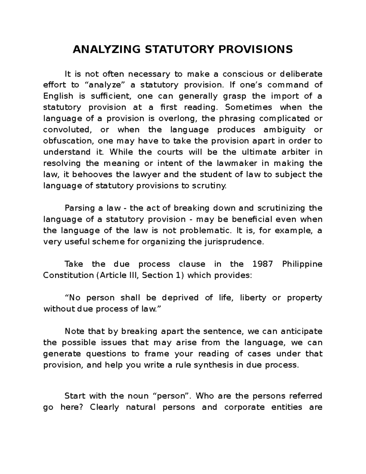 Analyzing Statuory Provisions ANALYZING STATUTORY PROVISIONS It is