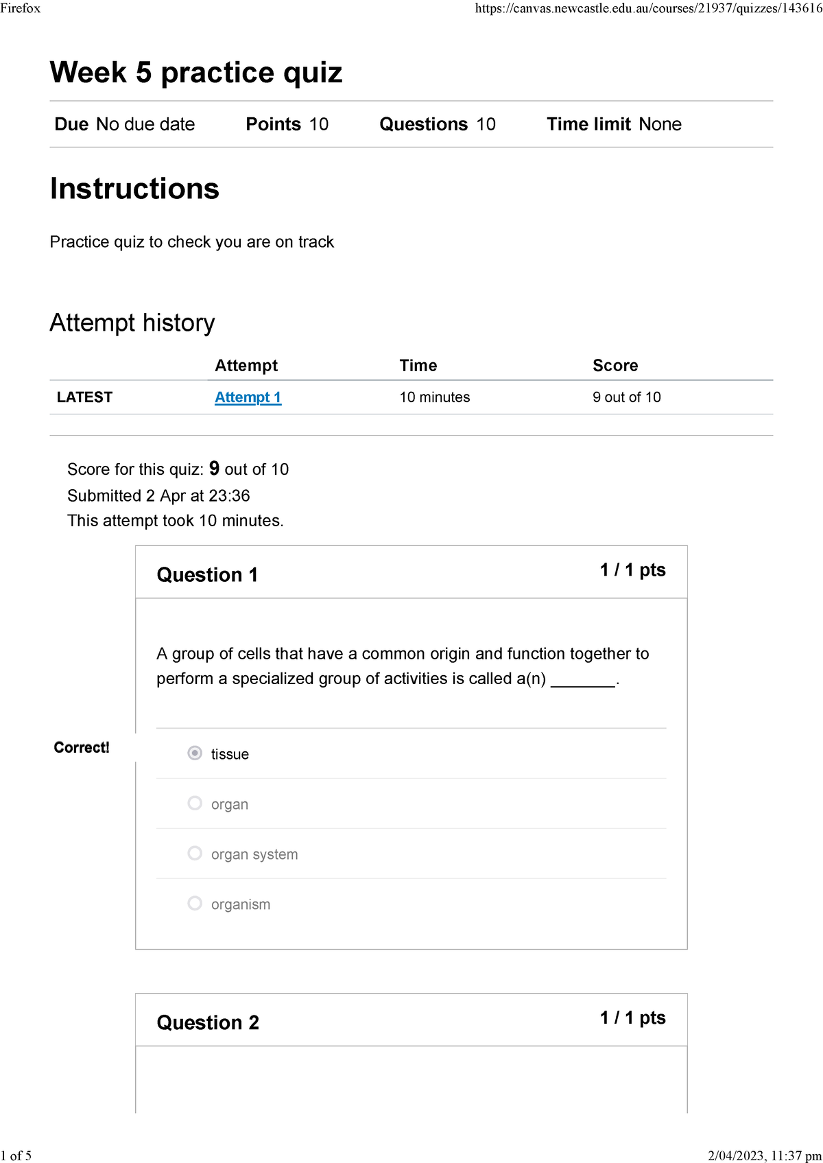 Week 5 practice quiz HUBS1403 Biomedical Science PART 1 (S1 2023 ...