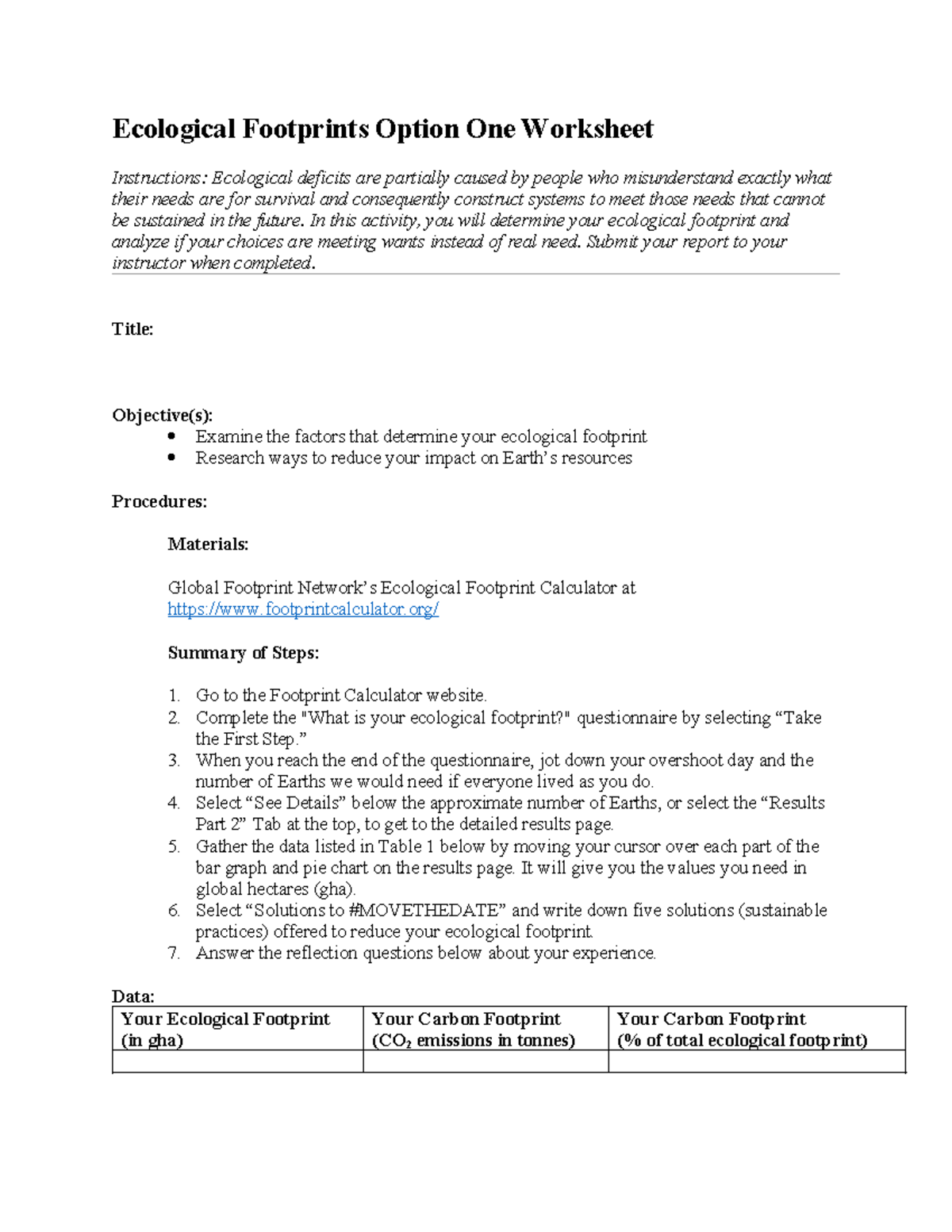 Ecological footprints worksheet option one - Ecological Footprints ...