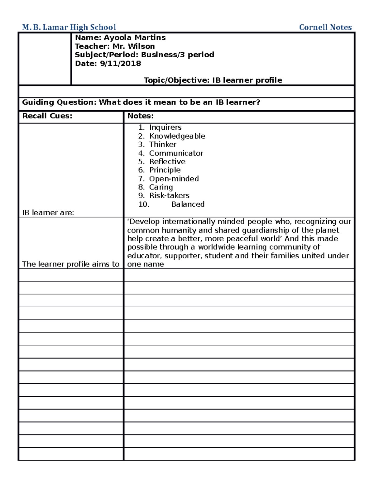 Ib learner profile M. B. Lamar High School Cornell Notes Name Ayoola