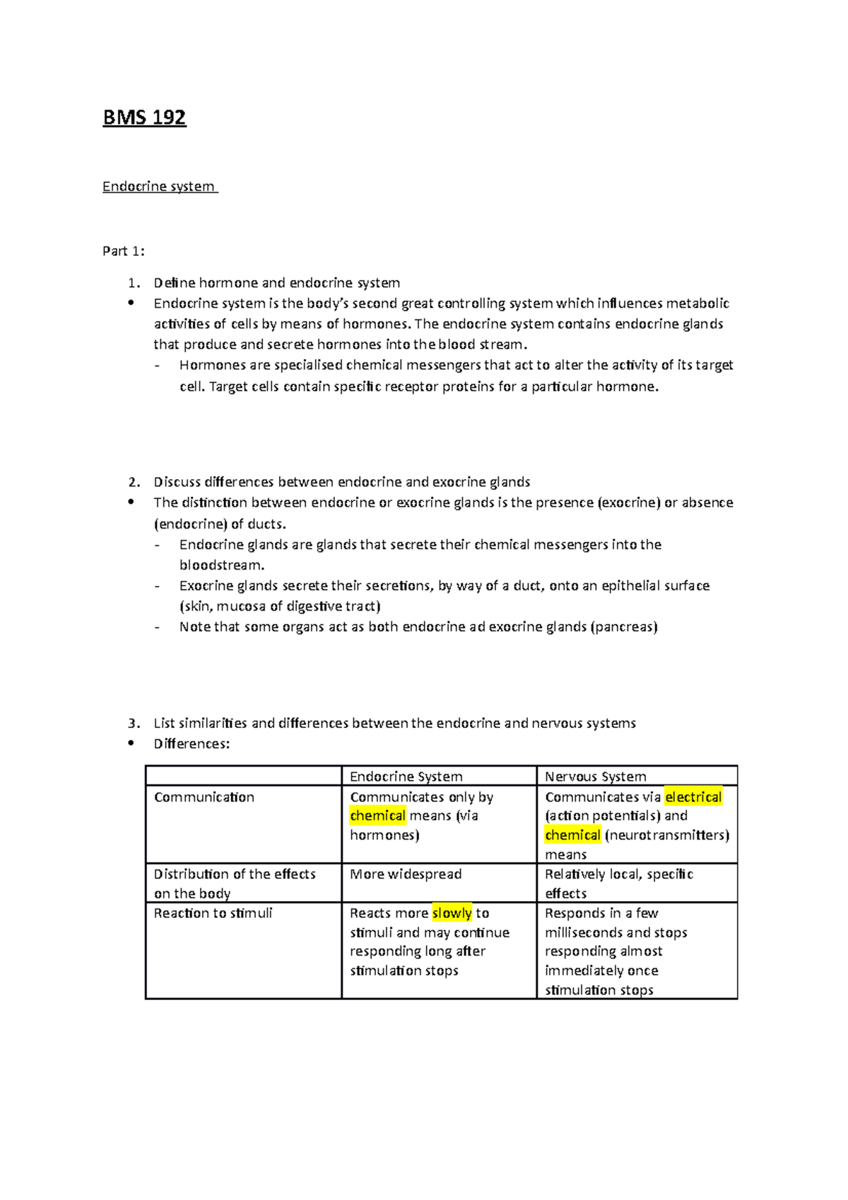 BMS 192 hlth science notes and summary BMS 192 Endocrine system Part