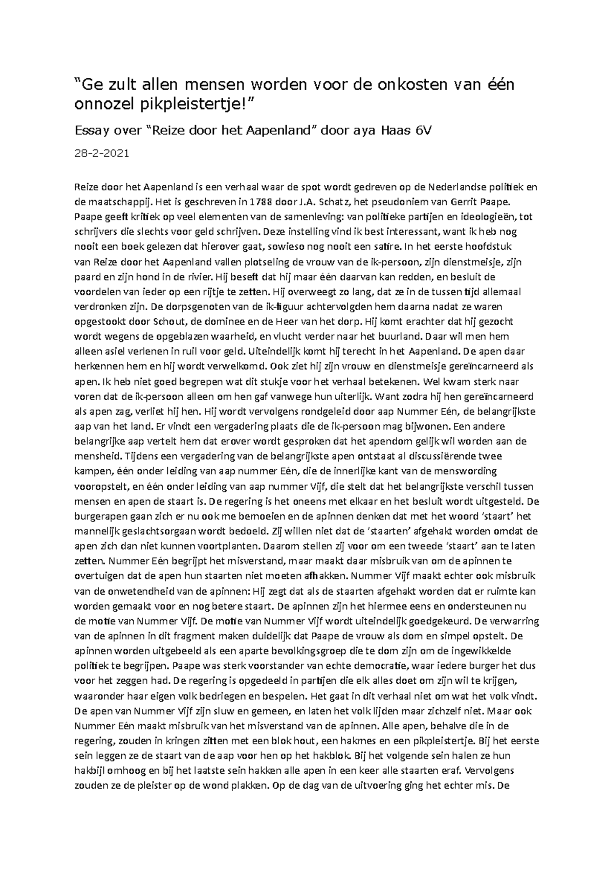 Nederlands Boektoets Reize door het Aapenland Essay “Ge zult allen mensen worden voor de Nederlands Boektoets Reize door het Aapenland Essay “Ge zult allen mensen worden voor de