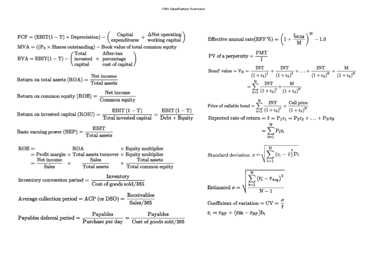 Finance Formula Sheet - FNCE101 - SMU Classification: Restricted 2 ...