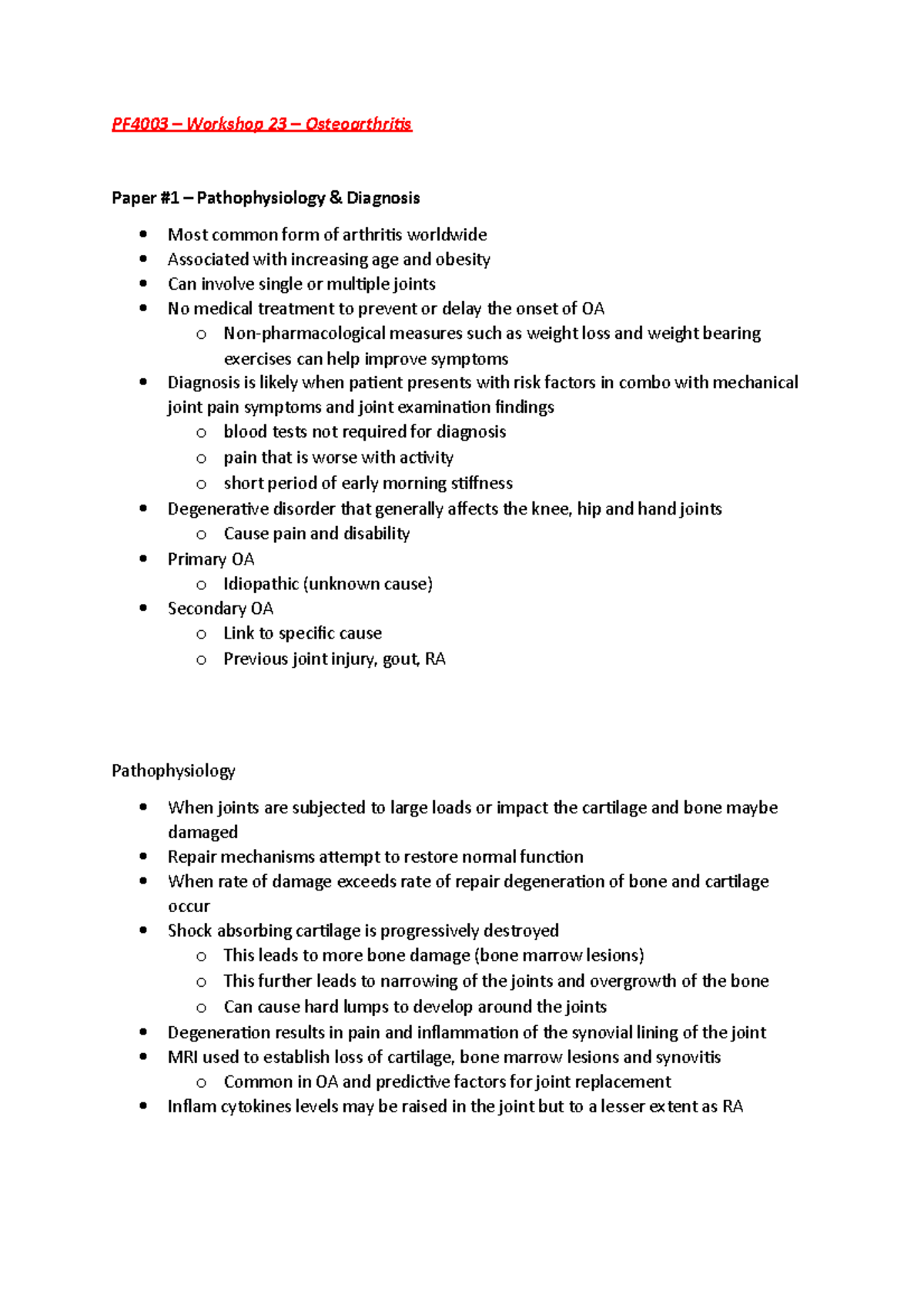 Osteoarthritis - summary of scientific papers - PF4003 – Workshop 23 ...