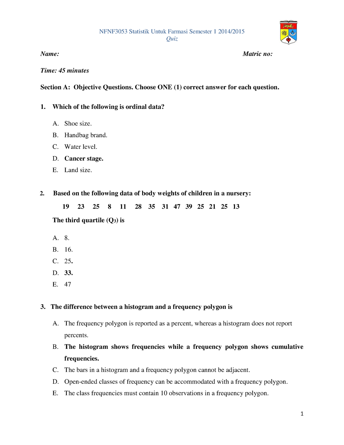 Quiz Statistics Answer Nfnf3053 Ukm Studocu