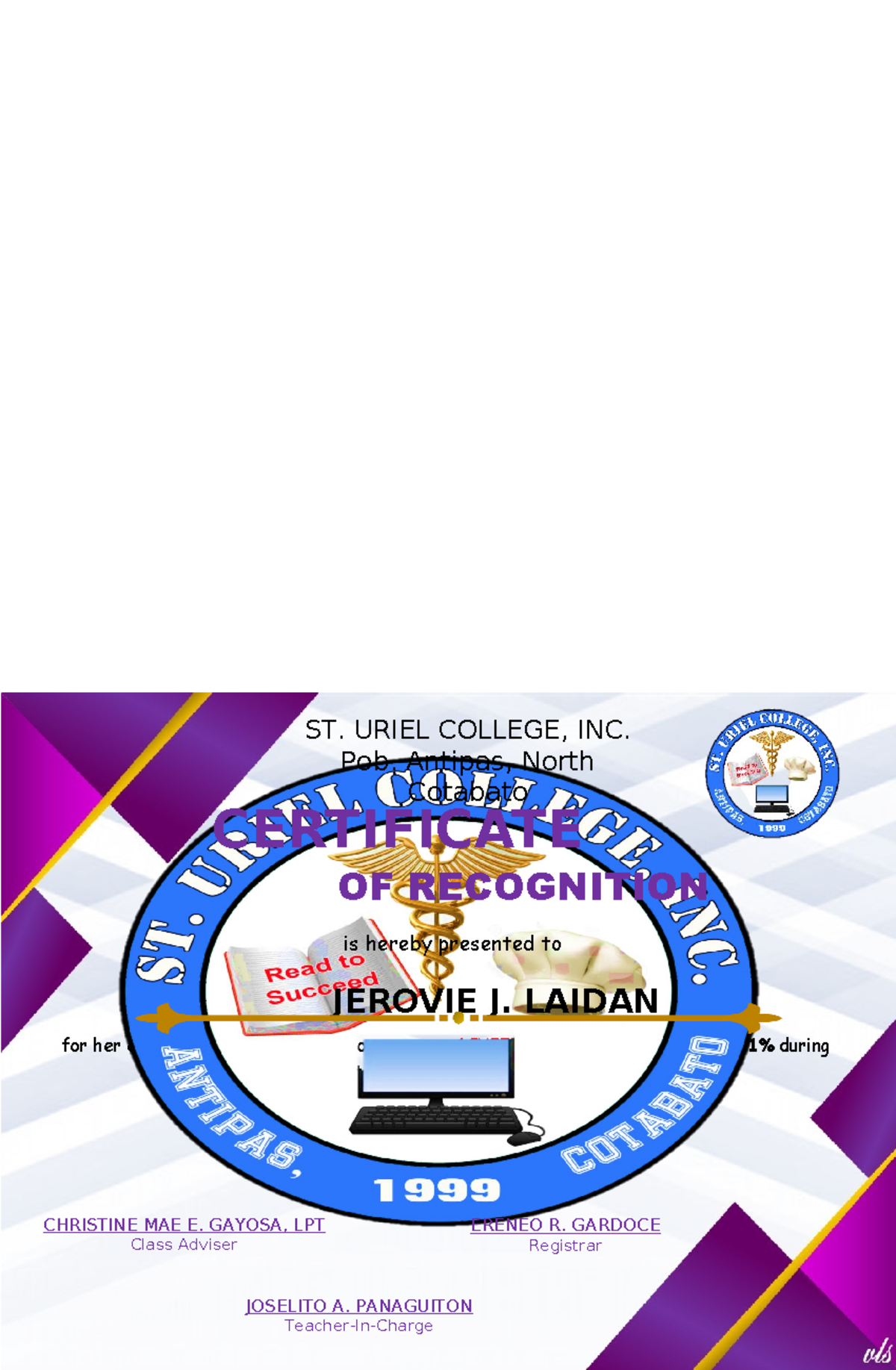 Cert of achievers Copy 2 for her commendable academic performance as