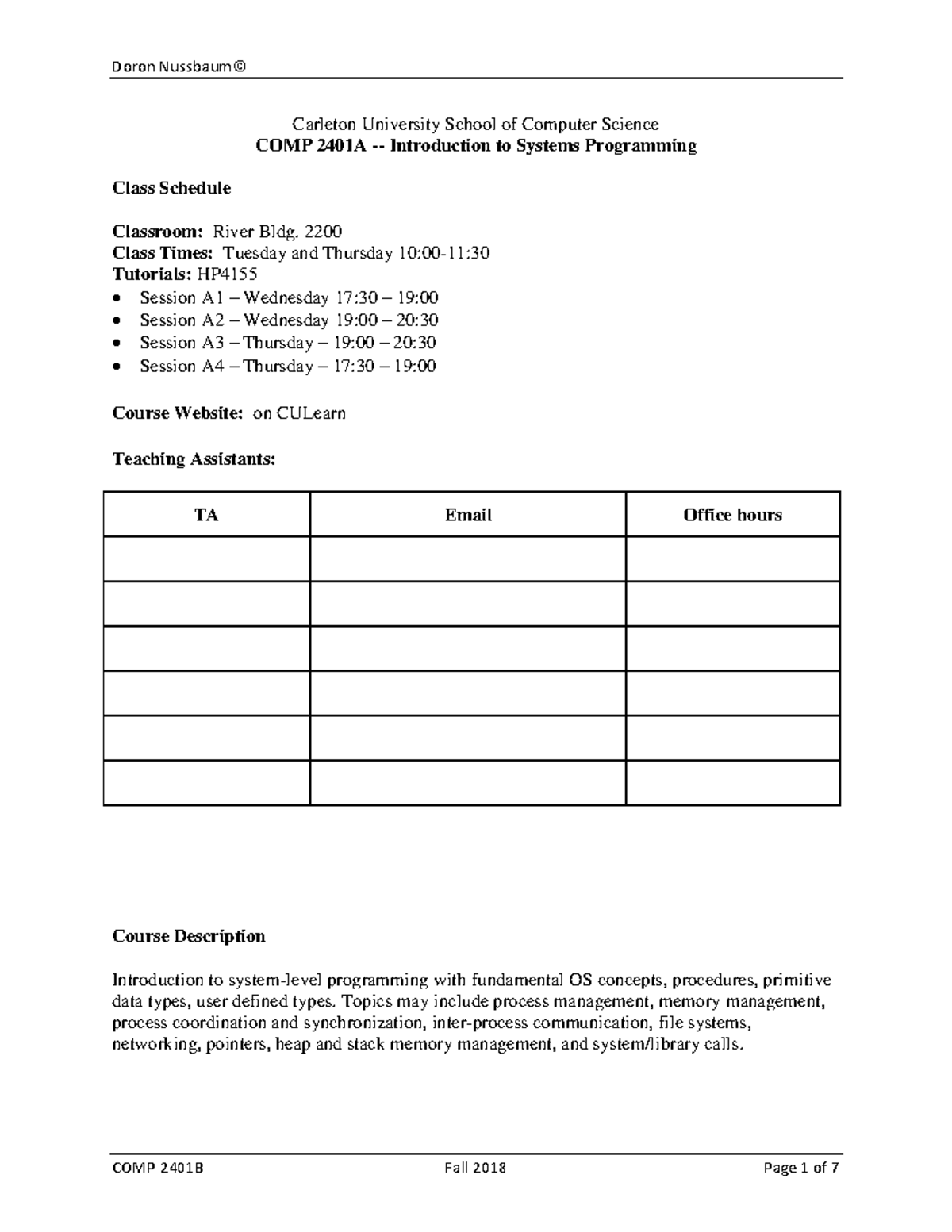 Comp 2401A course outline fall 2018 - Doron Nussbaum© Carleton ...