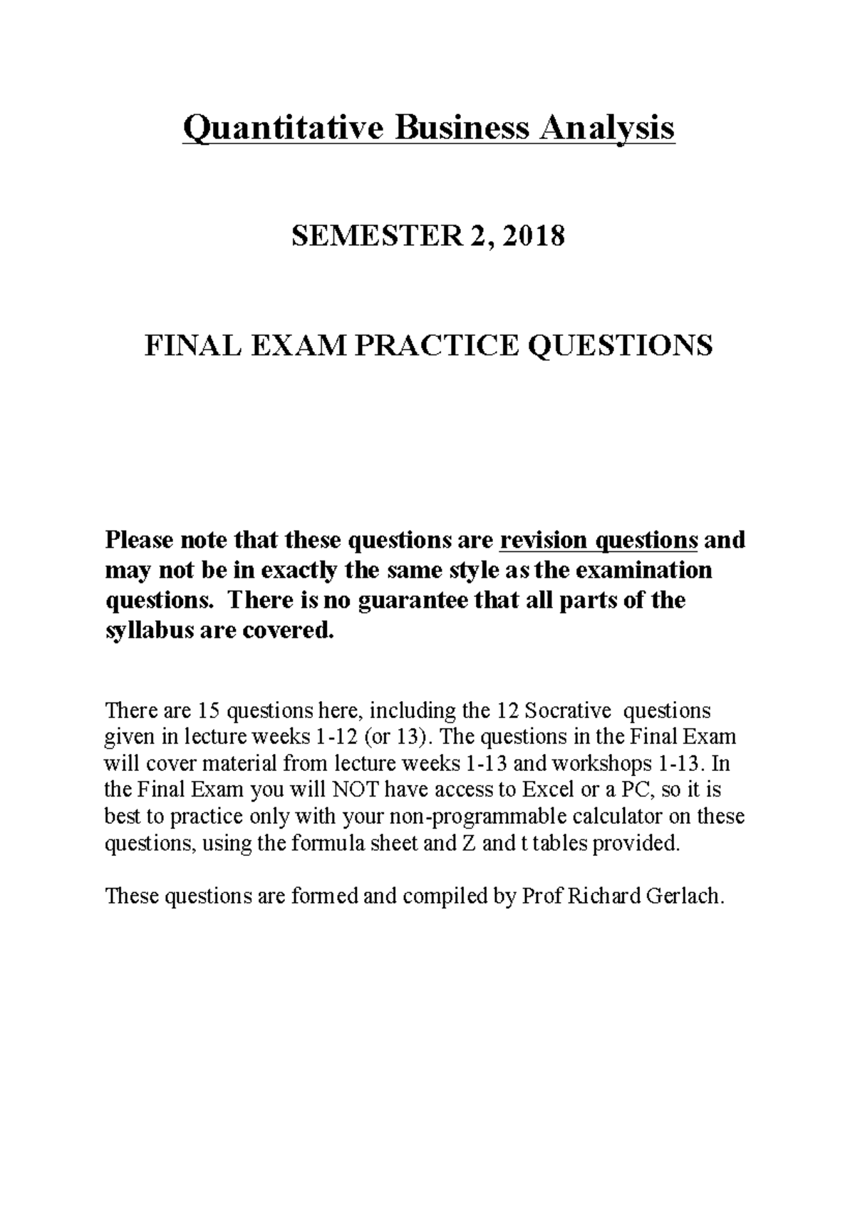 Quantitative Business Analysis Final Exam Practice Questions - Studocu